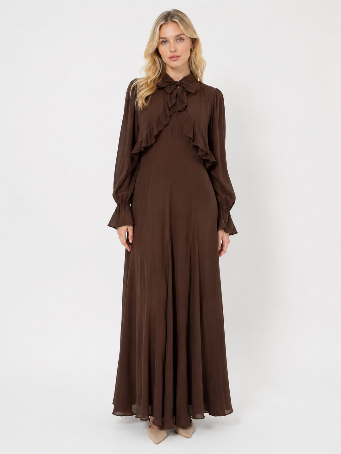 Chocolate Brown Ruffle Bow Maxi Dress