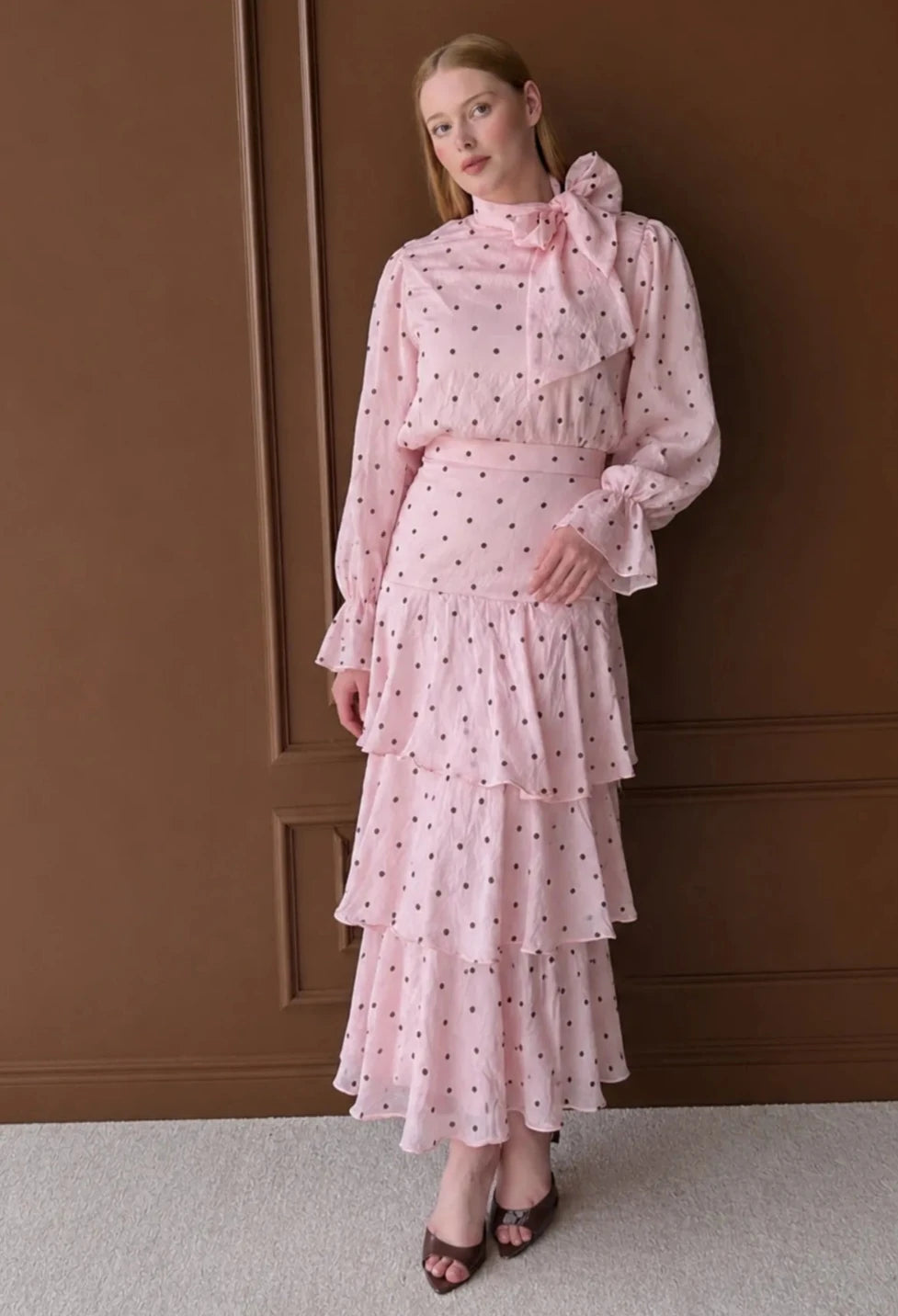Pink Polka Dot Blouse & Tiered Skirt Set