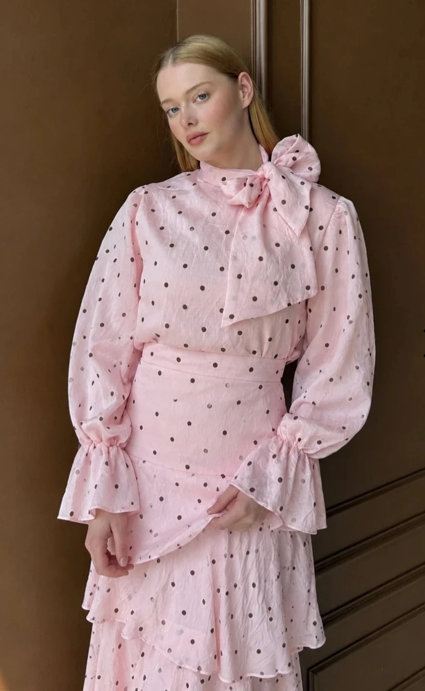 Pink Polka Dot Blouse & Tiered Skirt Set