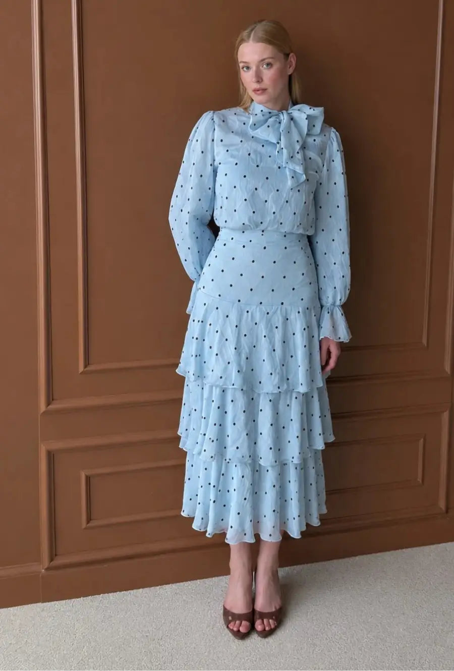 Light Blue Polka Dot Blouse & Tiered Skirt Set