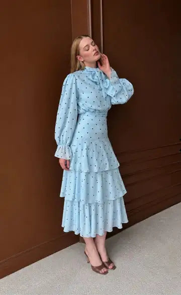Light Blue Polka Dot Blouse & Tiered Skirt Set