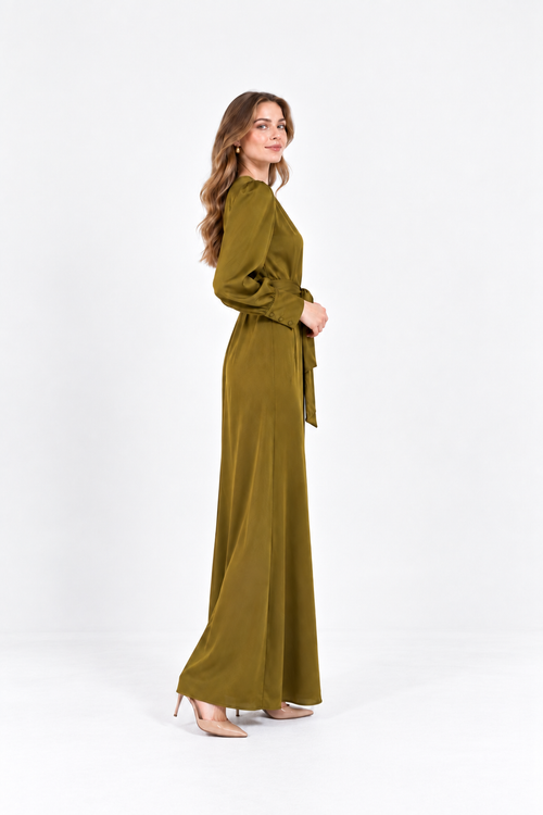 Aurelia Satin Maxi Dress – Olive Green