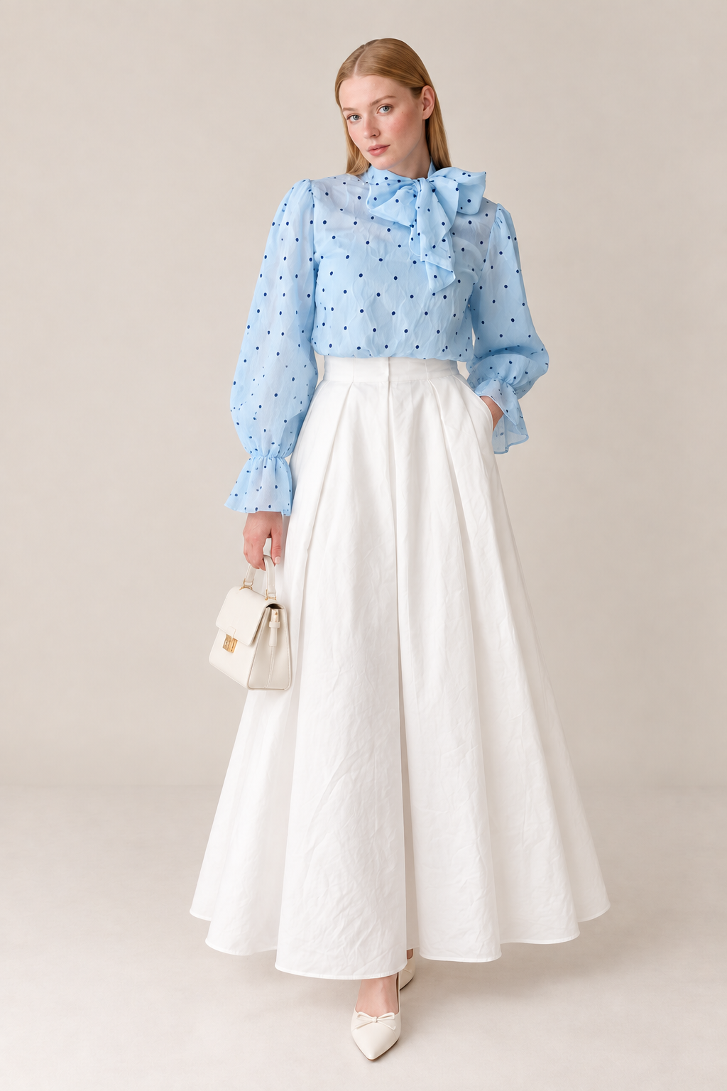 Elise Polka Dot Bow Blouse – Powder Blue