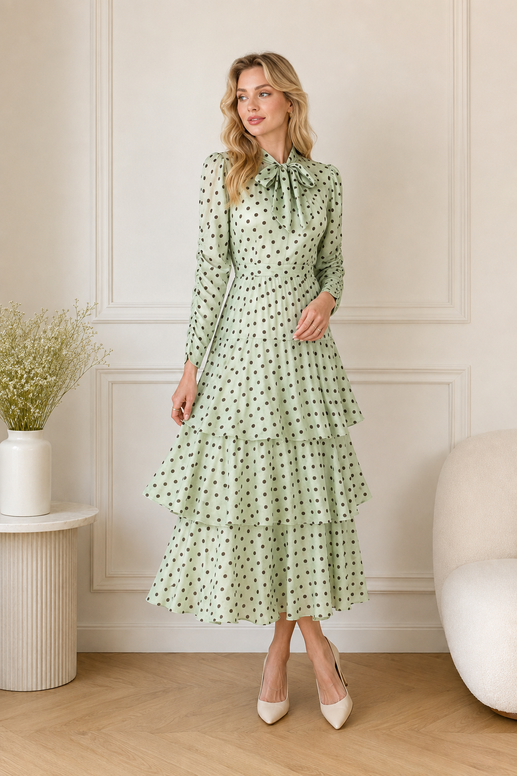 Mint Green Polka Dot Bow Maxi Dress