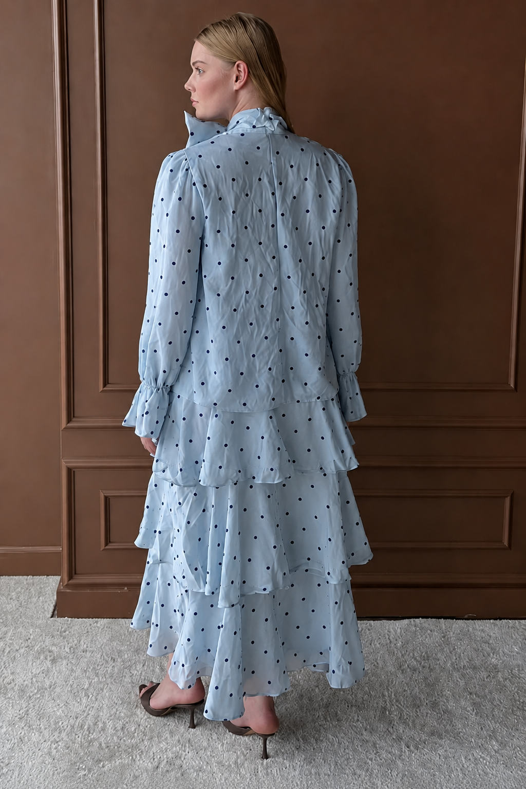 Light Blue Polka Dot Blouse & Tiered Skirt Set