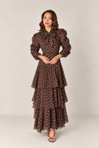 Coffee Brown Polka Dot Tiered Maxi Dress