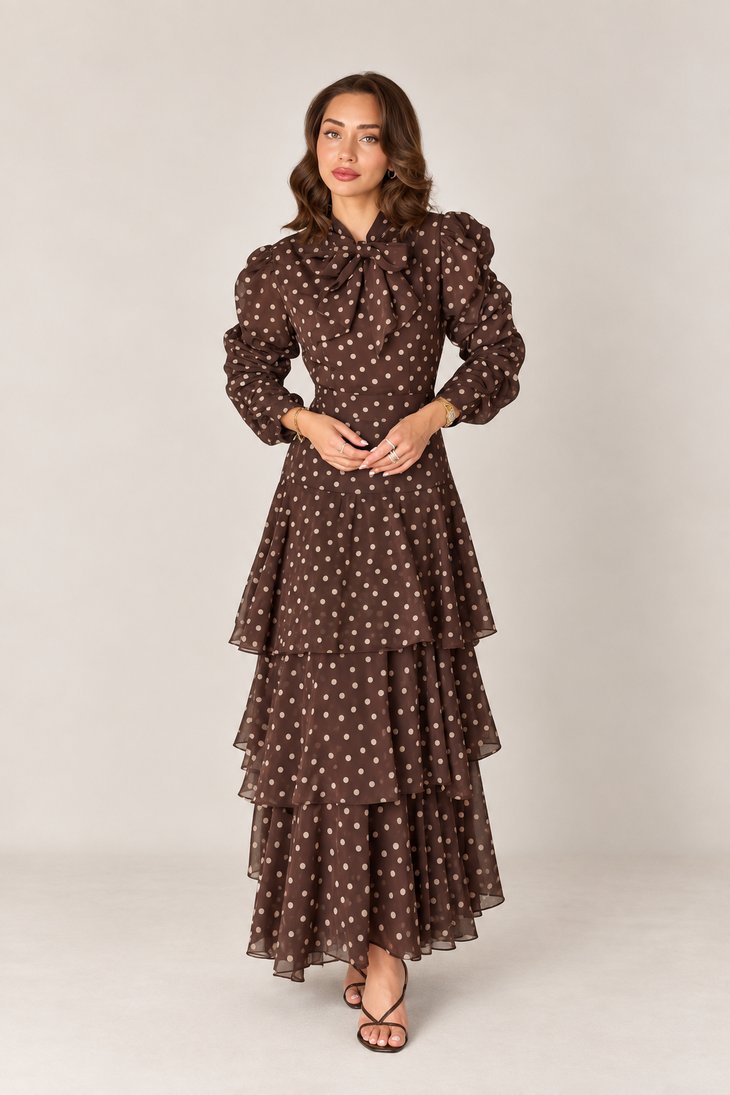 Coffee Brown Polka Dot Tiered Maxi Dress