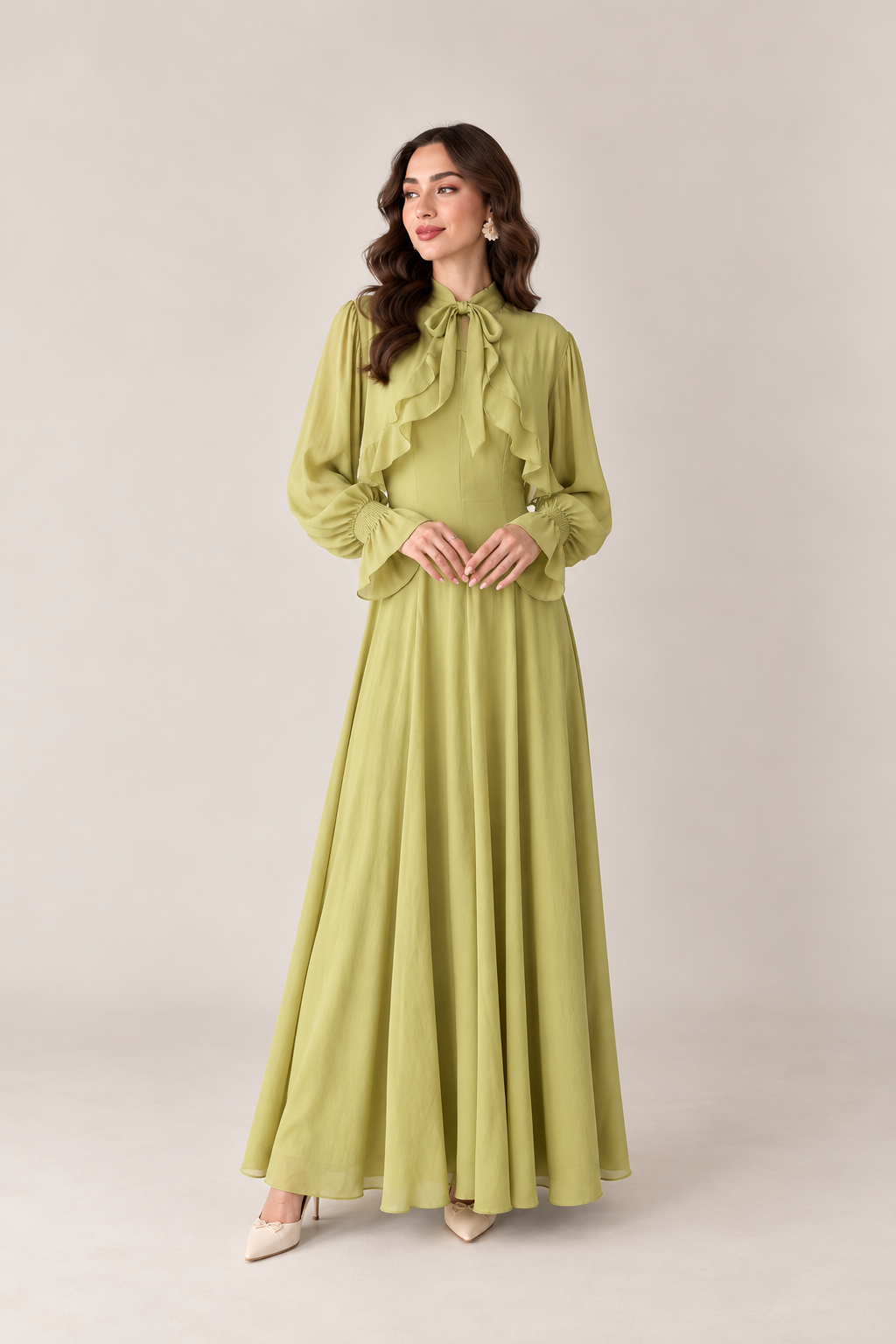 Pistachio Green Ruffle Bow Maxi Dress
