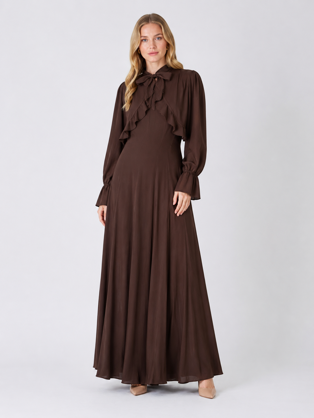 Chocolate Brown Ruffle Bow Maxi Dress