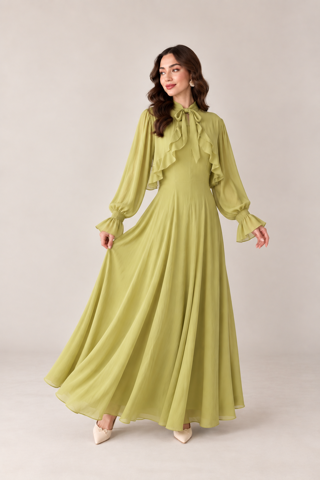 Pistachio Green Ruffle Bow Maxi Dress