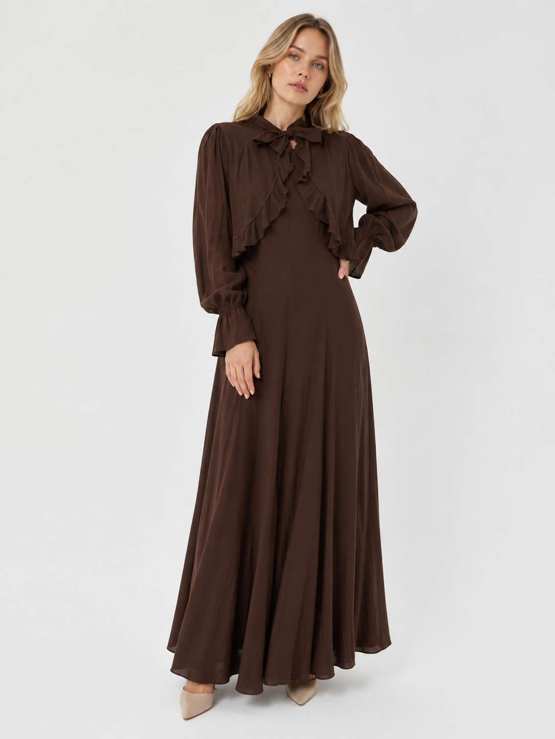 Chocolate Brown Ruffle Bow Maxi Dress