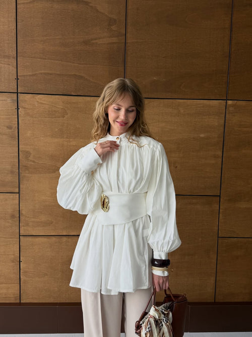 Ivory Balloon Sleeve Belted Tunic
