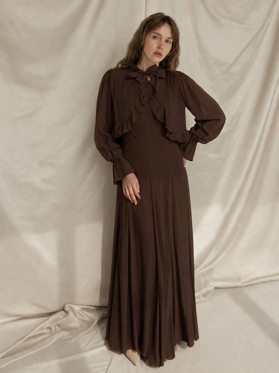 Chocolate Brown Ruffle Bow Maxi Dress