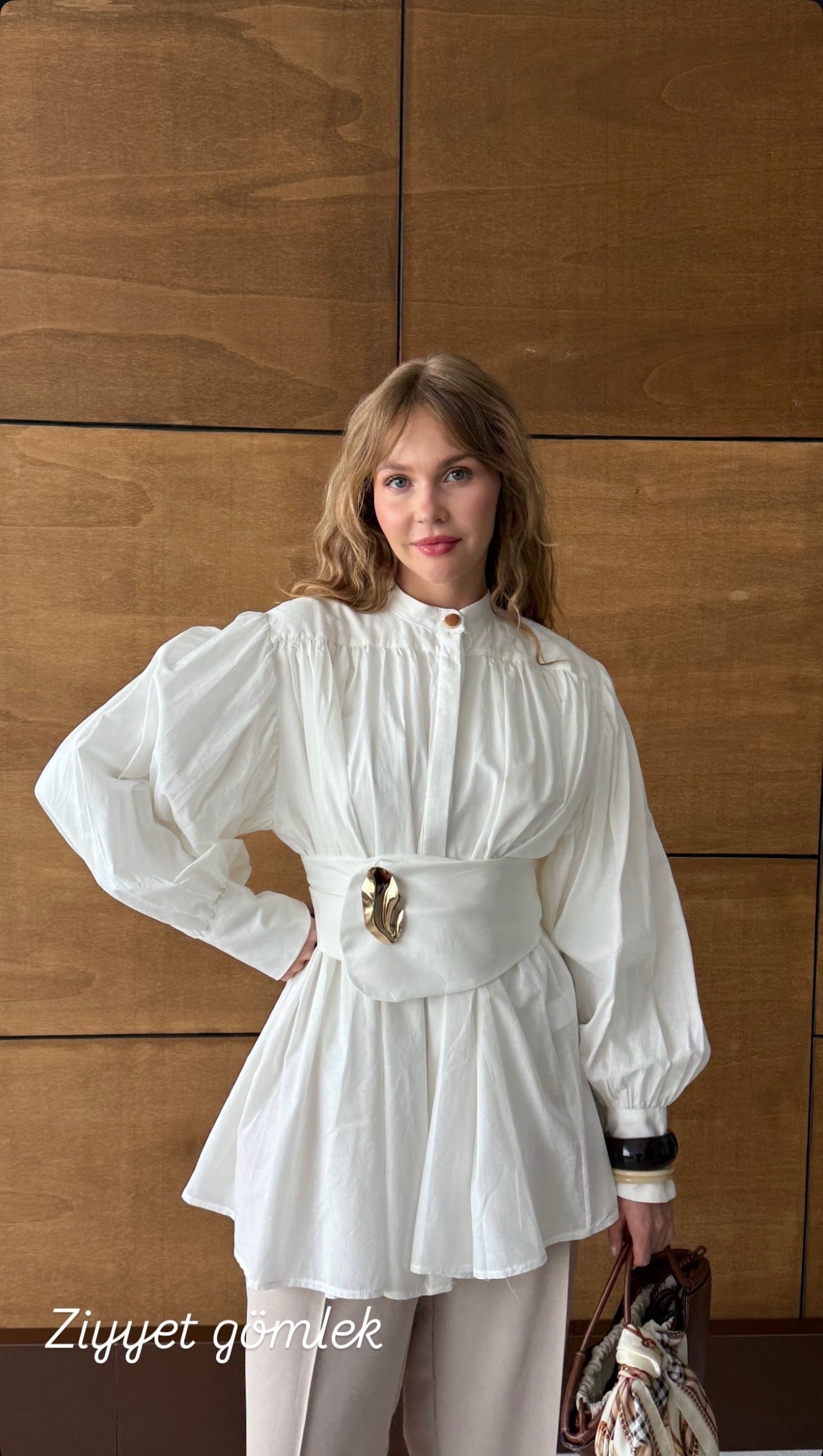 Ivory Balloon Sleeve Belted Tunic