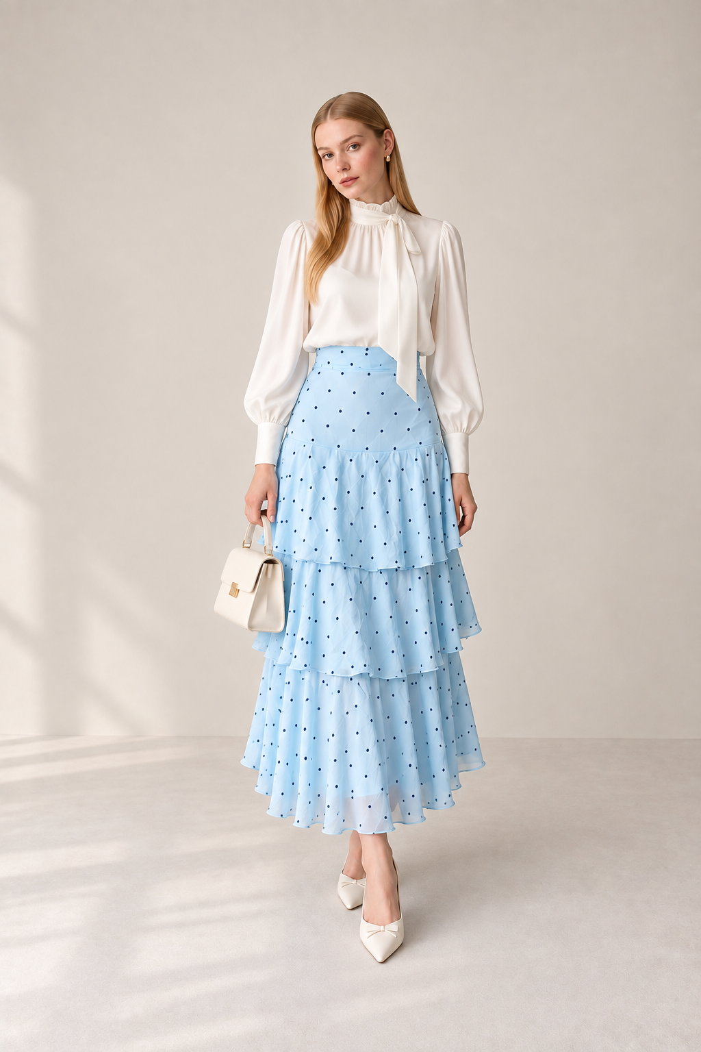 Elise Polka Dot Tiered Maxi Skirt – Powder Blue