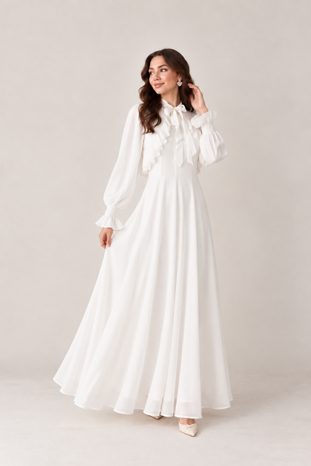 Ivory Ruffle Bow Maxi Dress