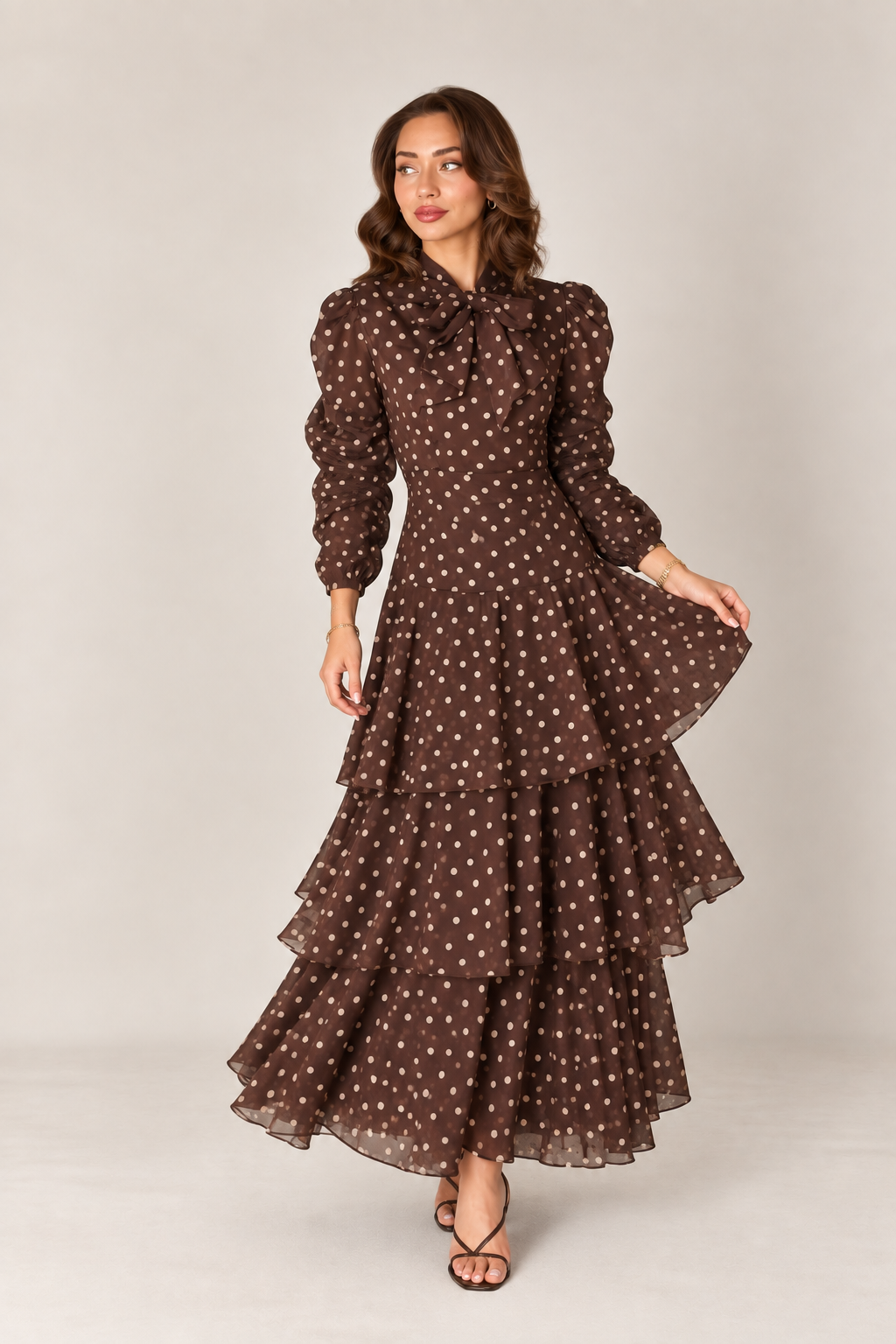 Coffee Brown Polka Dot Tiered Maxi Dress