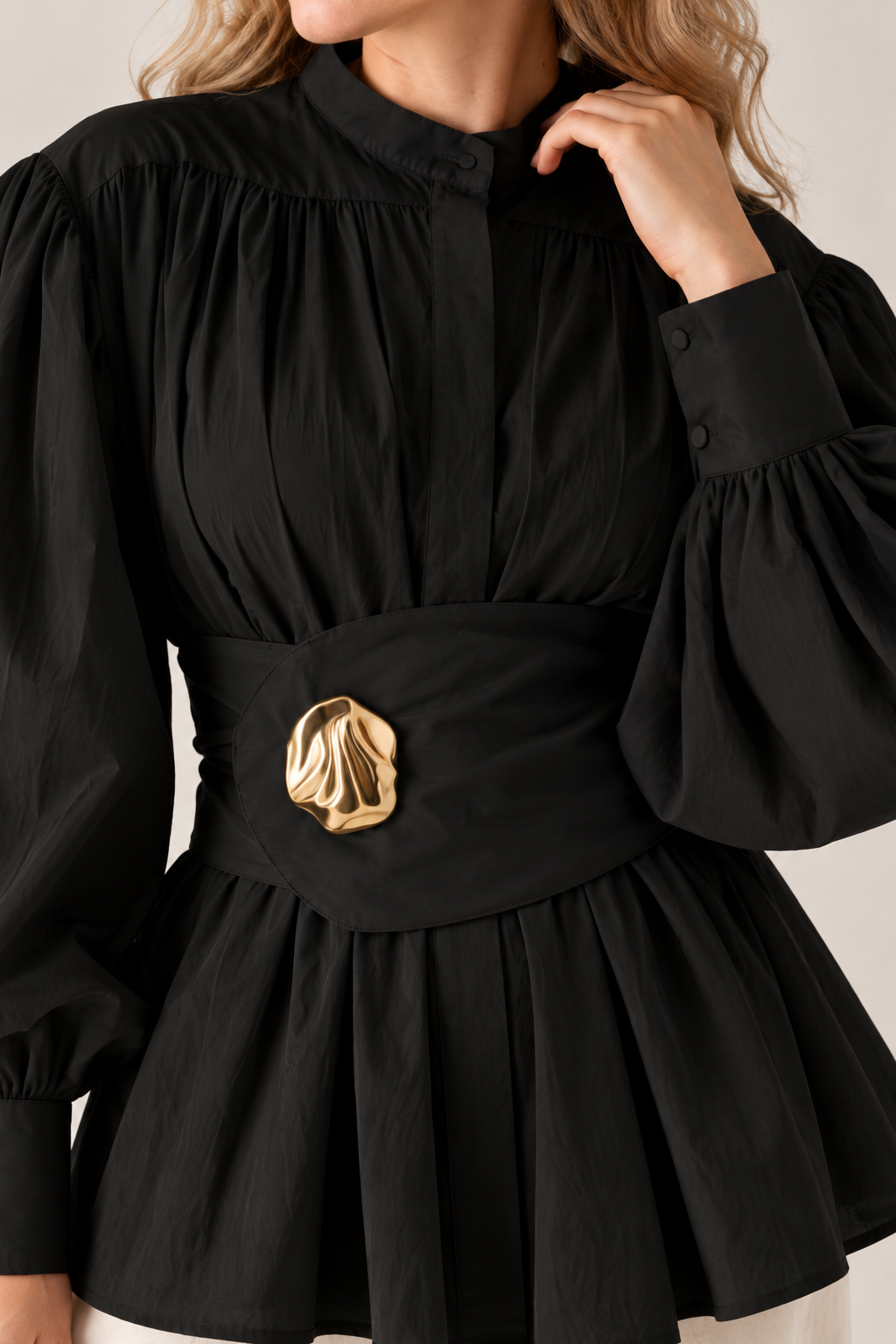 Black Balloon Sleeve Belted Tunic