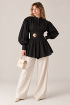 Black Balloon Sleeve Belted Tunic