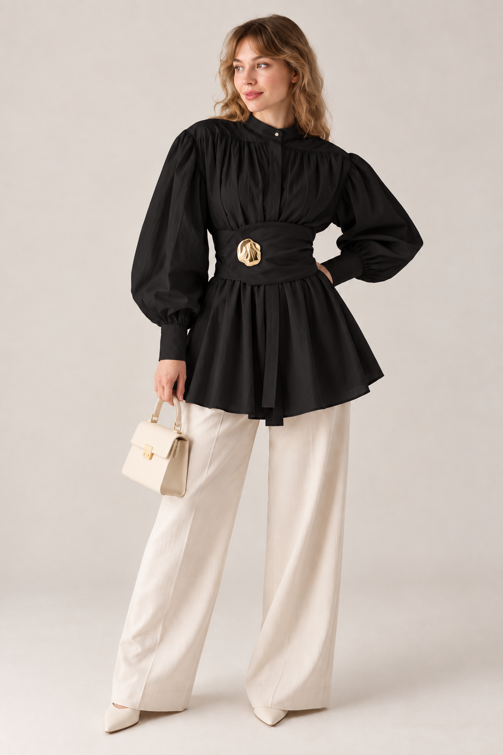 Black Balloon Sleeve Belted Tunic