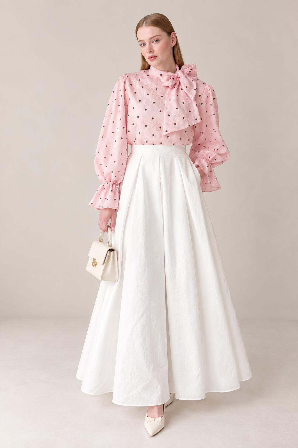 Elise Polka Dot Bow Blouse – Blush Pink