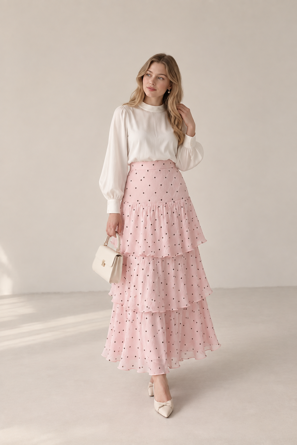 Elise Polka Dot Tiered Maxi Skirt – Blush Pink