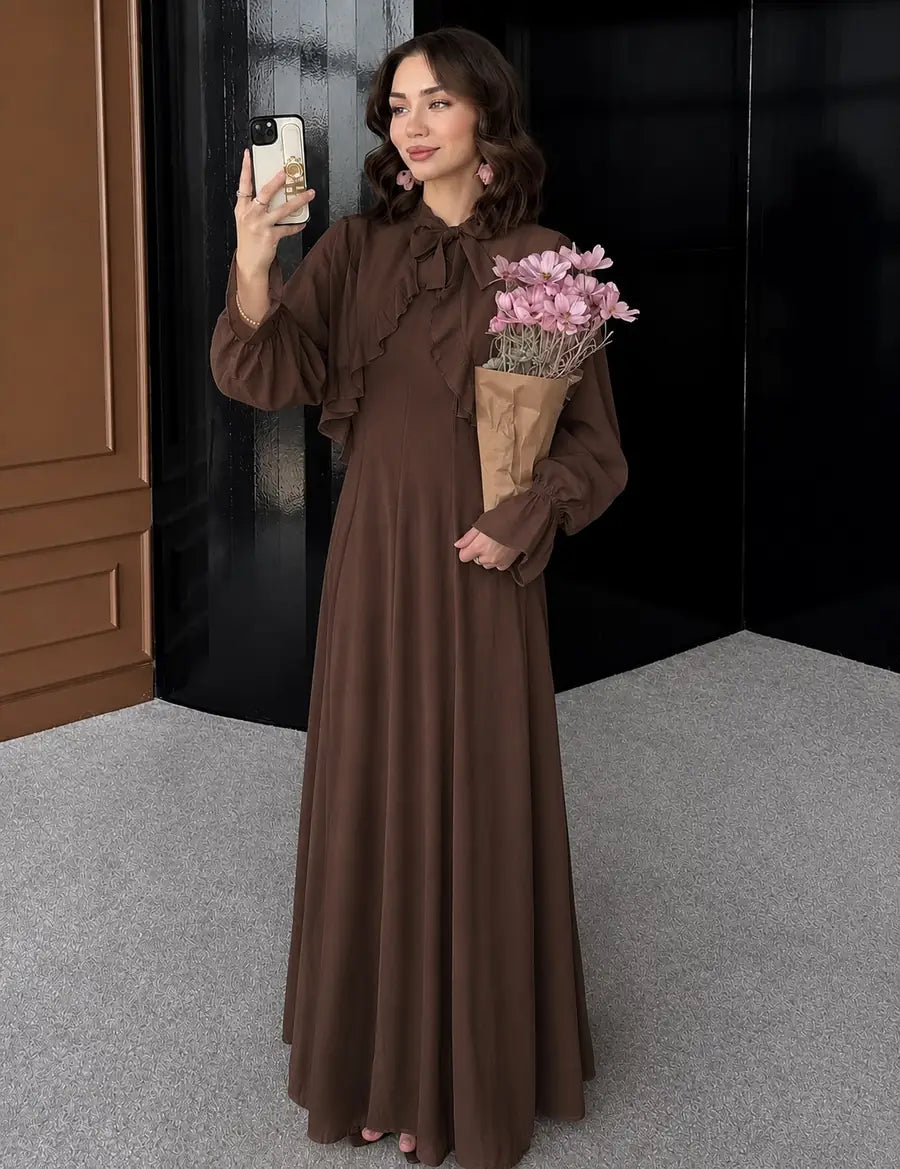 Chocolate Brown Ruffle Bow Maxi Dress