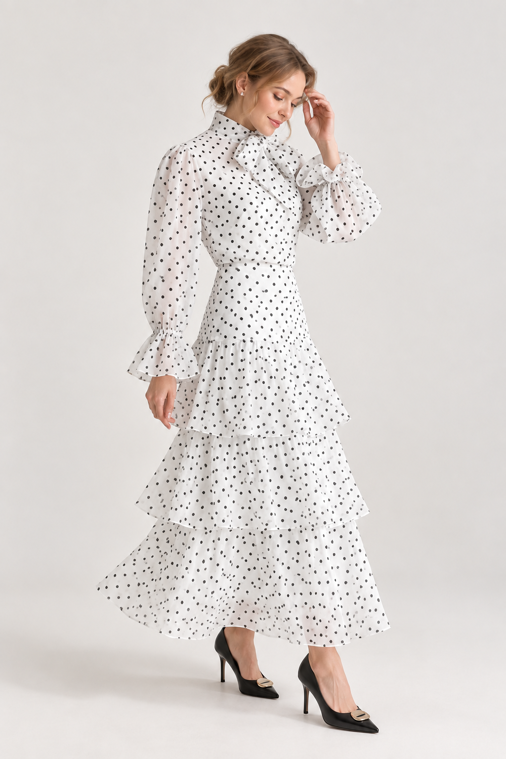 White Polka Dot Blouse & Tiered Skirt Set