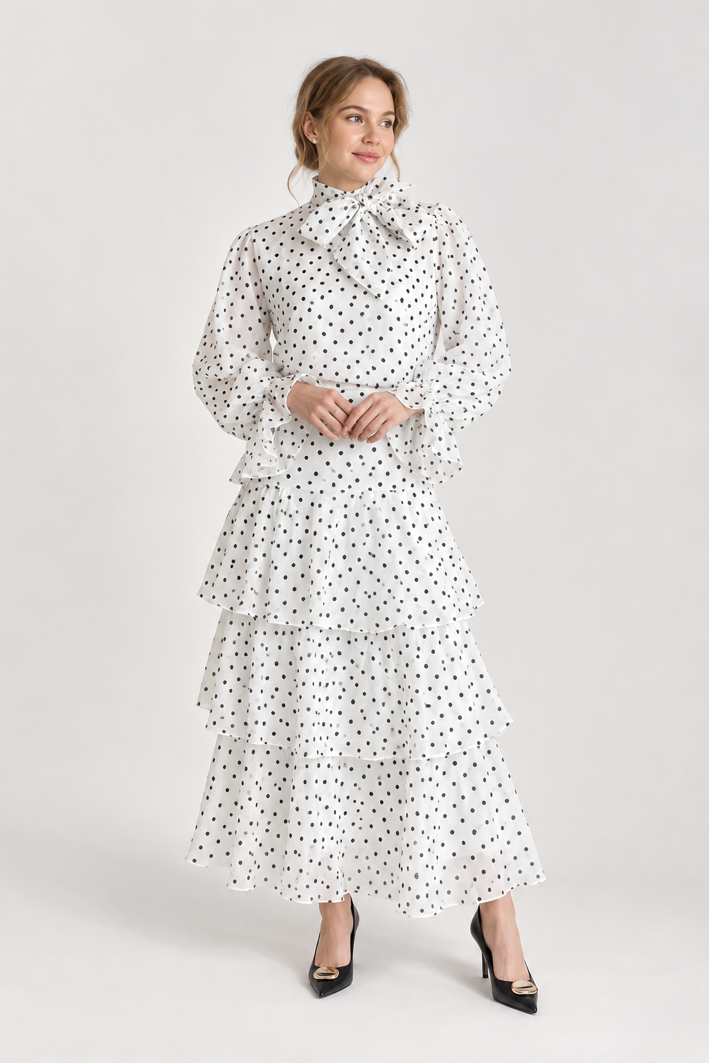 White Polka Dot Blouse & Tiered Skirt Set